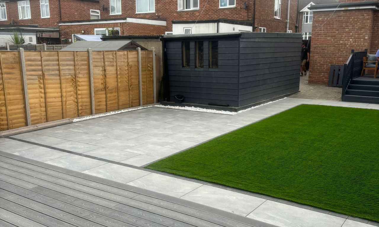 A newly landscaped patio area in a garden